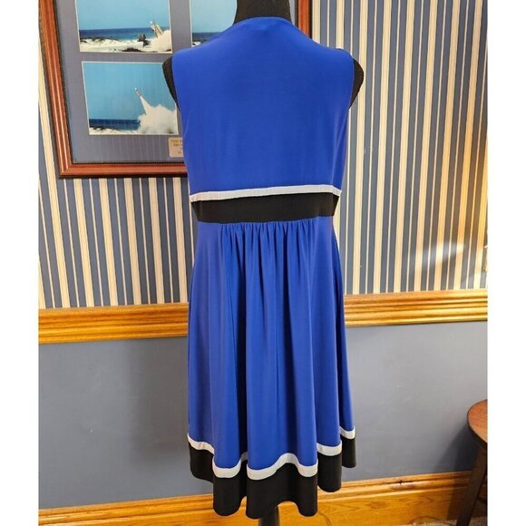 Chaps Blue Smooth Stretch Sleeveless Dress With Black & White Trim V-Neck Size L - Picture 3 of 5